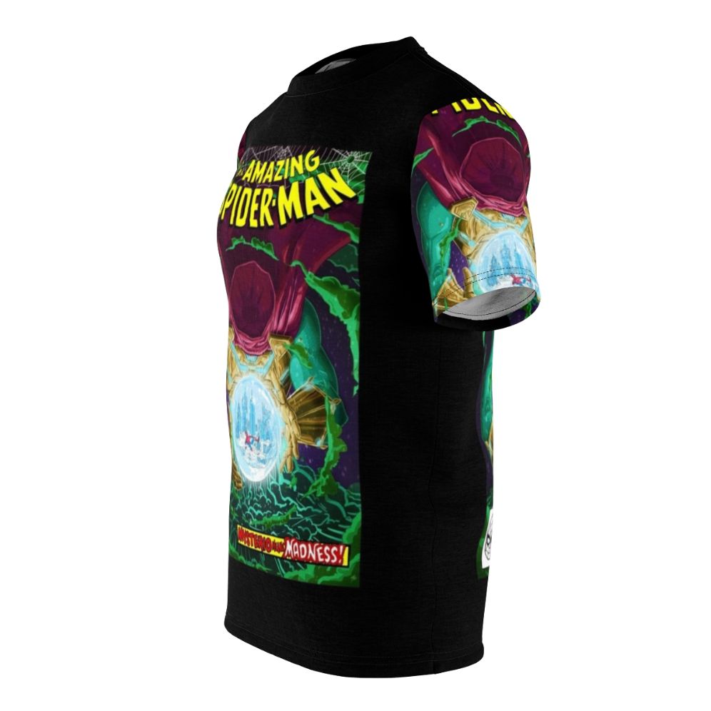 A stylized t-shirt design featuring Mysterio, a Spider-Man supervillain, in a comic-inspired art style. - men left