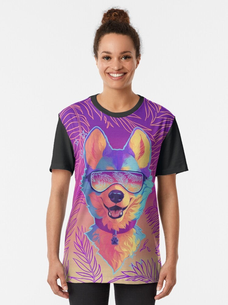 A graphic t-shirt featuring a sparkle dog with an anthro, vaporwave-inspired design. - Women