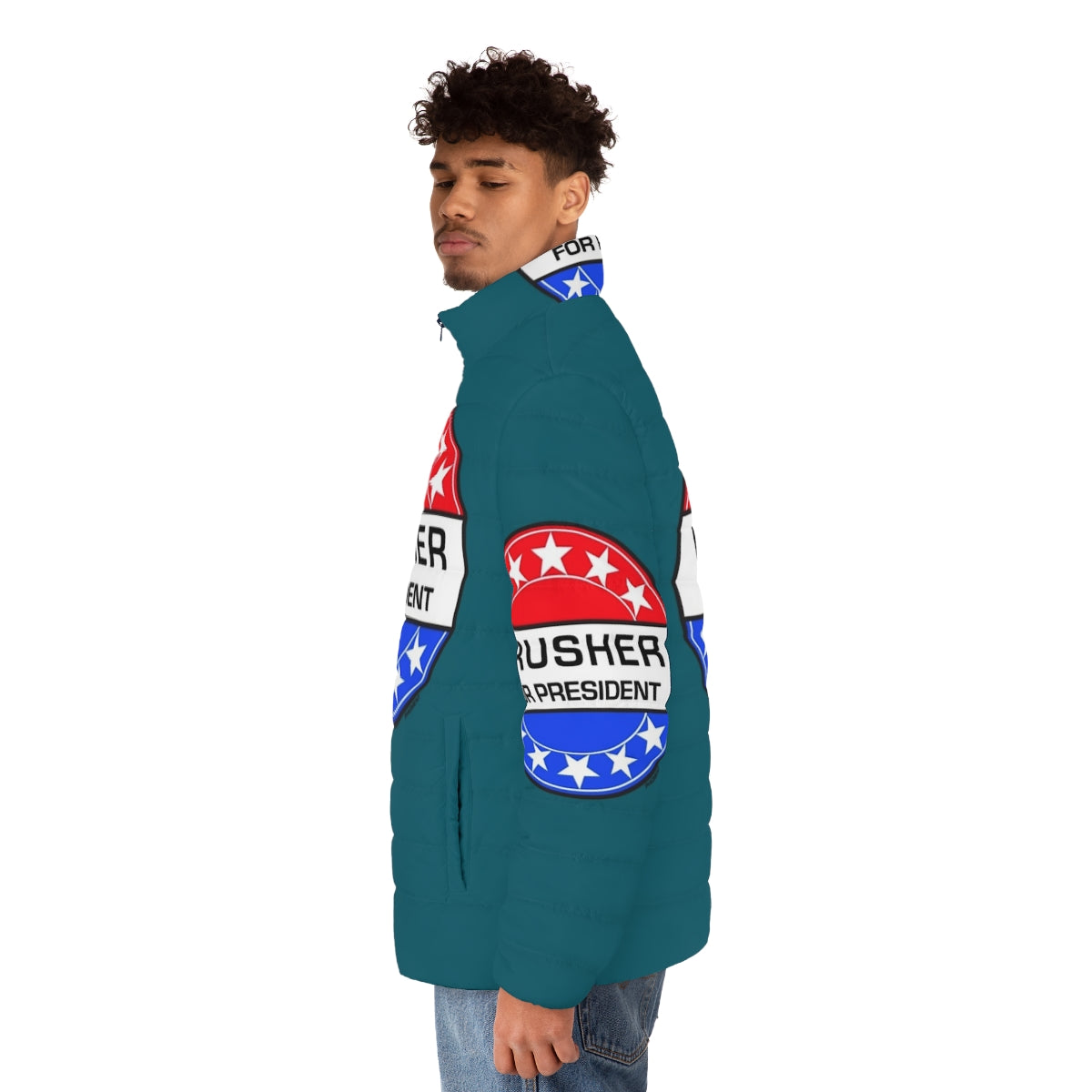 Retro sci-fi puffer jacket featuring Crusher for President design - men side left