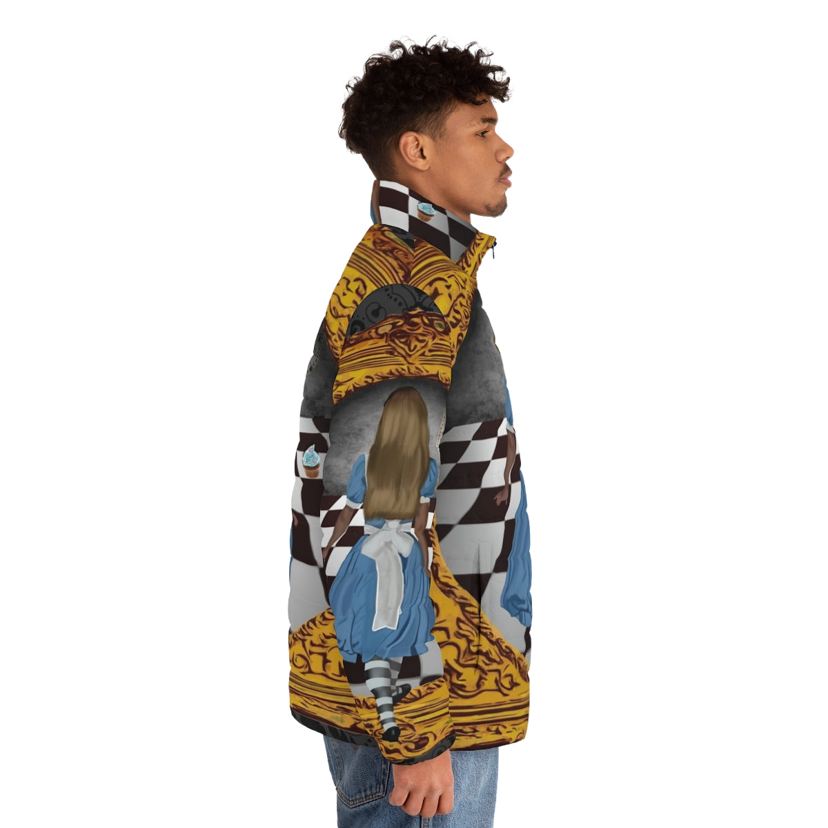 Model wearing a blue and gold puffer jacket with an alice in wonderland inspired design - men side right