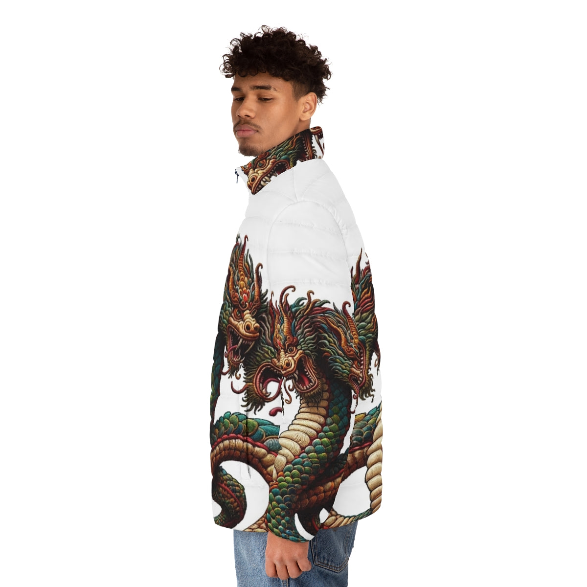 Embroidered hydra puffer jacket with legendary creature design - men side left