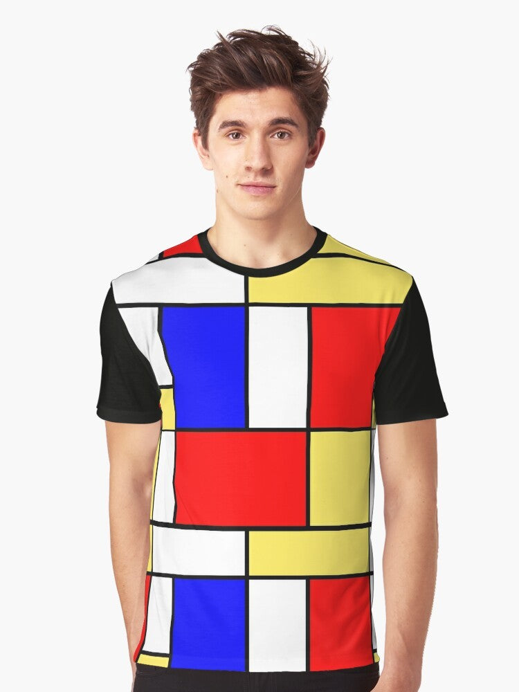 Mod 60s Mondrian Style Graphic T-Shirt with abstract minimalist Mondrian pattern in yellow, blue, red, white, and black - Men