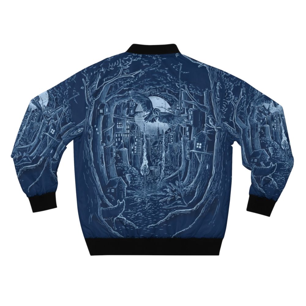 Midnight City Bomber Jacket featuring a nature-inspired design with a city skyline, moon, and forest animals. - Back