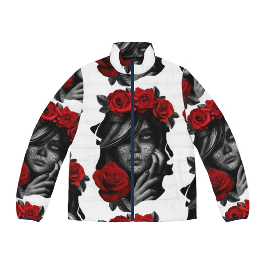 Woman wearing a Day of the Dead themed puffer jacket with sugar skull and floral design