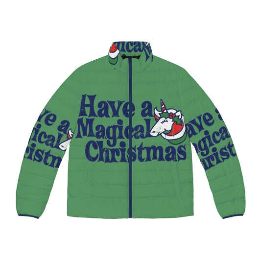 Puffer jacket with whimsical unicorn design for a magical Christmas