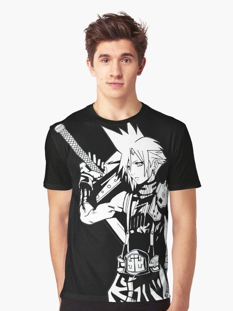 Illustration of Cloud Strife, the iconic swordmaster from the Final Fantasy video game series, printed on a high-quality t-shirt. - Men