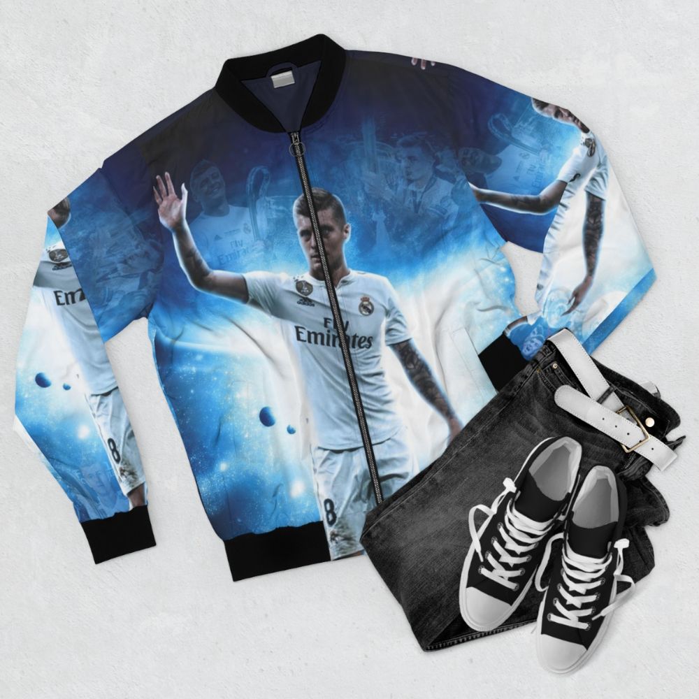 Toni Kroos Illustration Bomber Jacket, Soccer Player Wallpaper Design - Flat lay