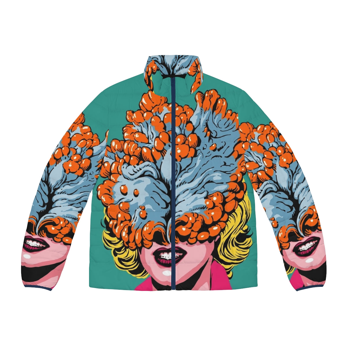 Pop art inspired puffer jacket featuring a cordyceps mushroom design