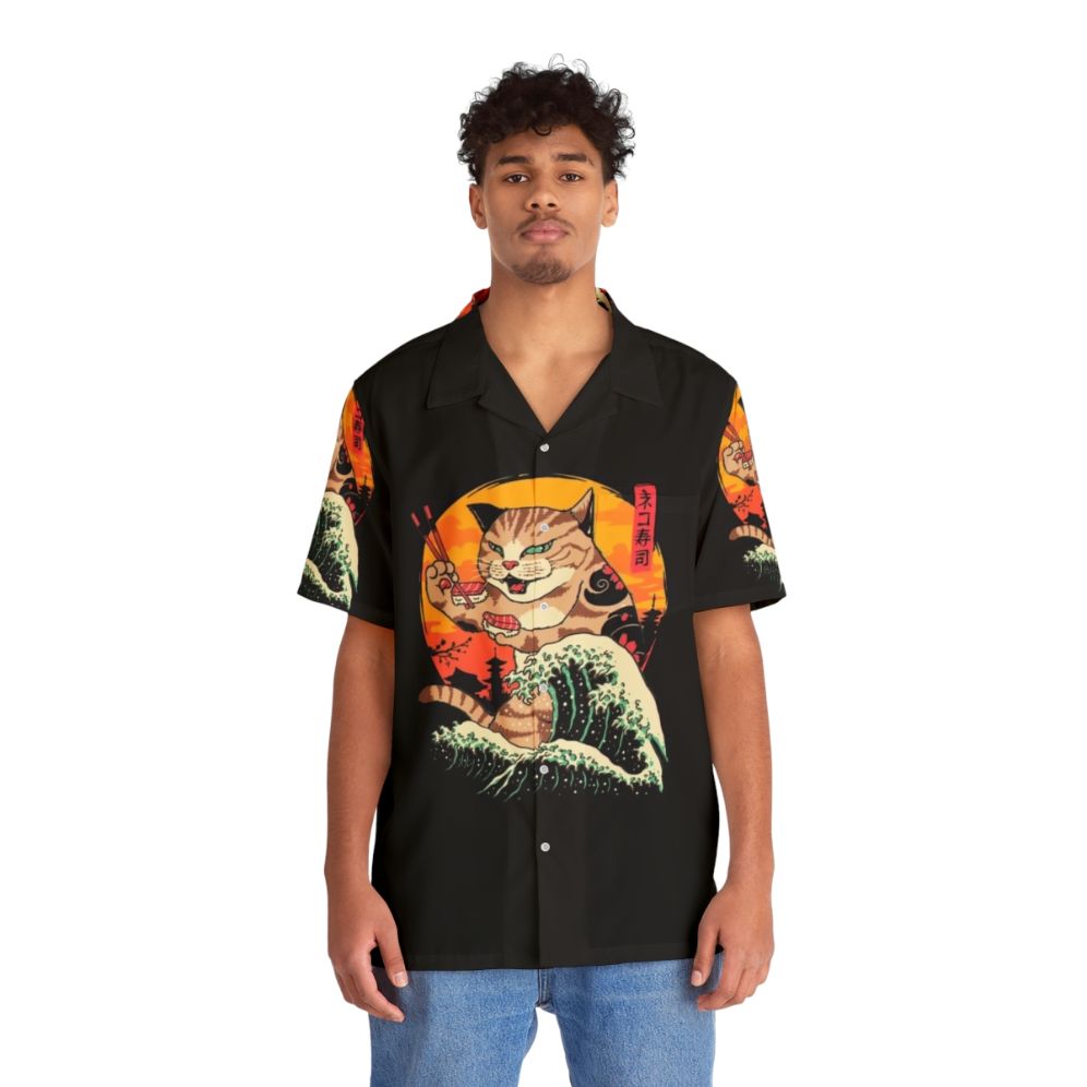 Neko Sushi Wave Hawaiian Shirt with cat and sushi design - People Front