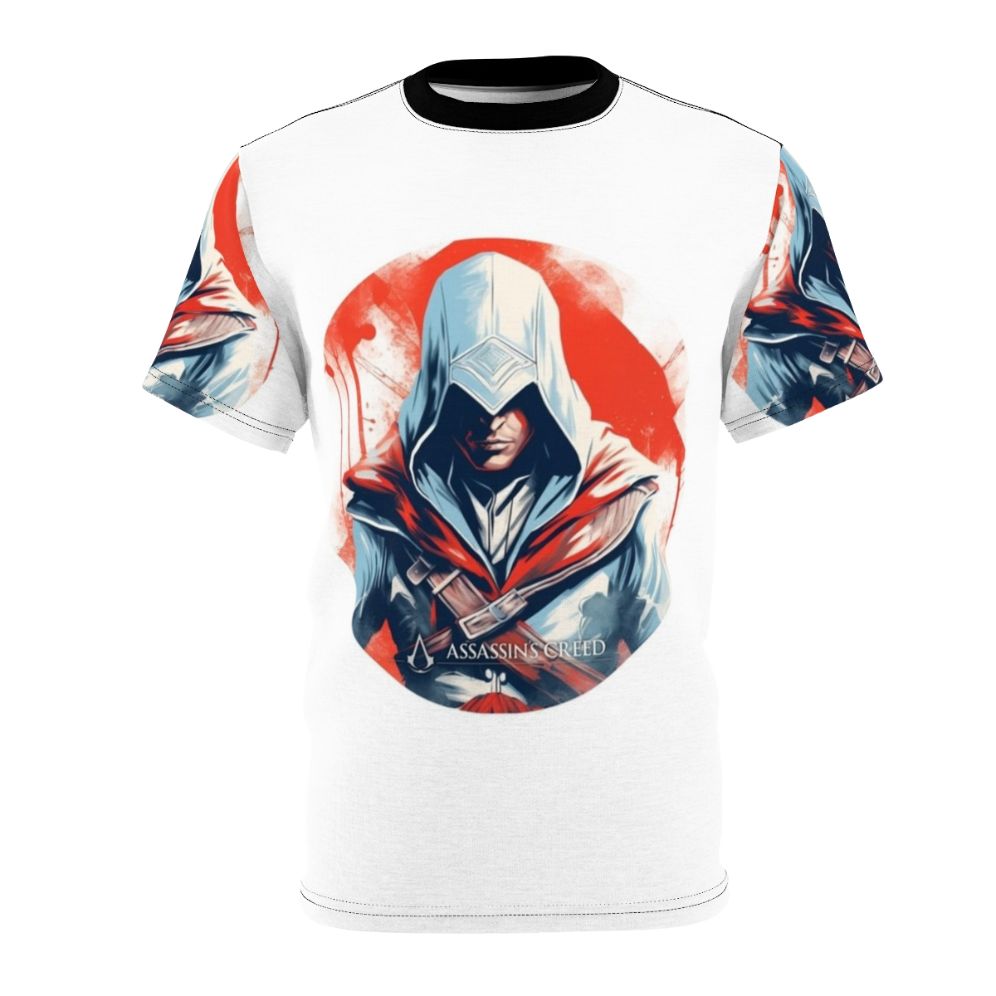 Assassin's Creed inspired medieval fantasy warrior computer painting graphic on a t-shirt.