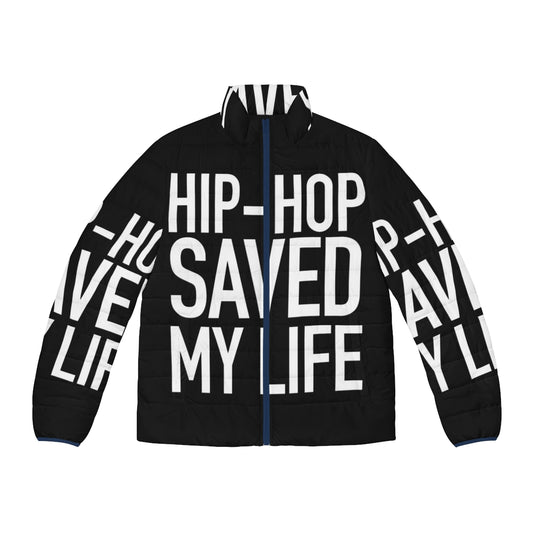 White puffer jacket with hip hop inspired graphic design