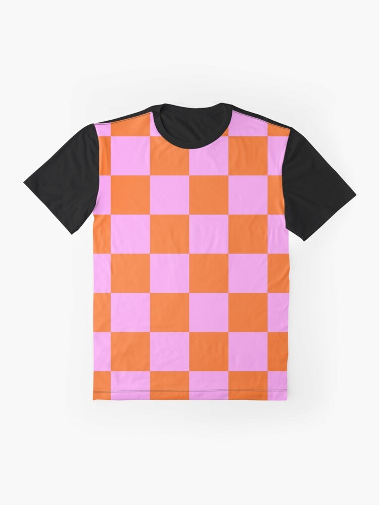 Retro checkerboard pattern t-shirt in bright orange, red, and pink colors - Flat lay