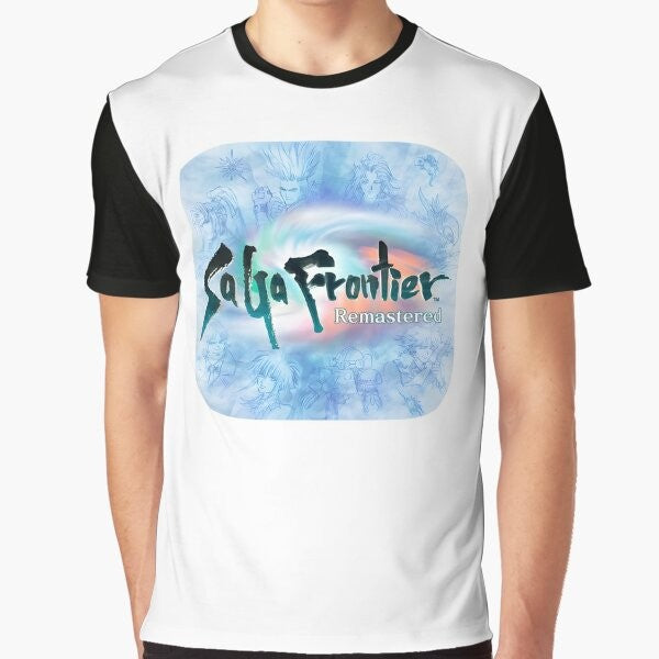 Saga Frontier graphic t-shirt featuring the iconic Saga Frontier logo and characters