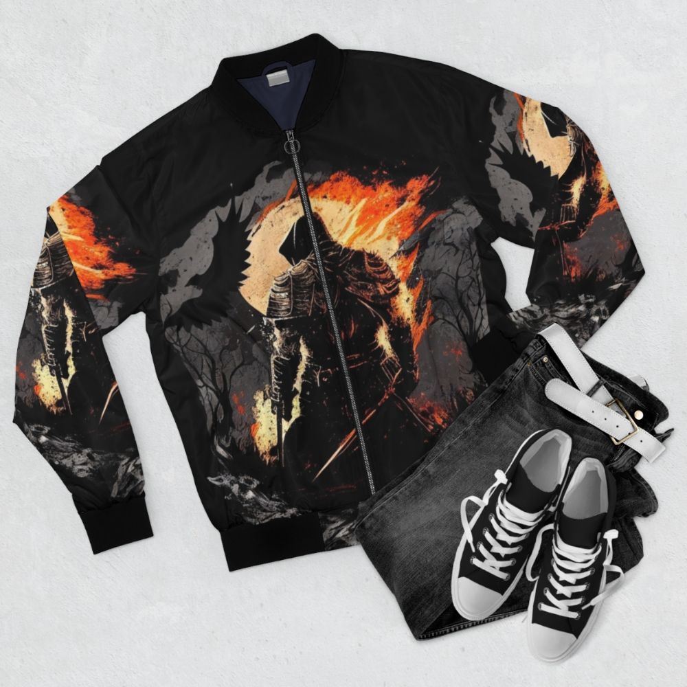 Dark Souls Melancholic Bomber Jacket, featuring a soulsborne-inspired design with a focus on the game's dark and somber atmosphere. - Flat lay