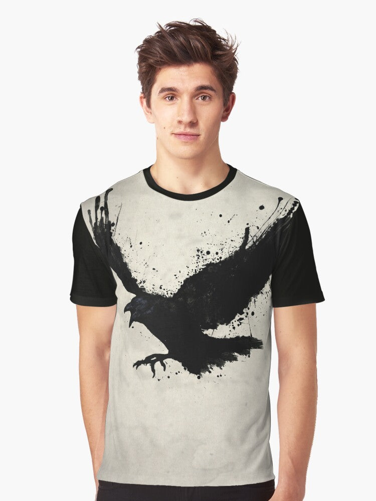 Raven graphic t-shirt with a sketch-style design featuring the mythical bird - Men