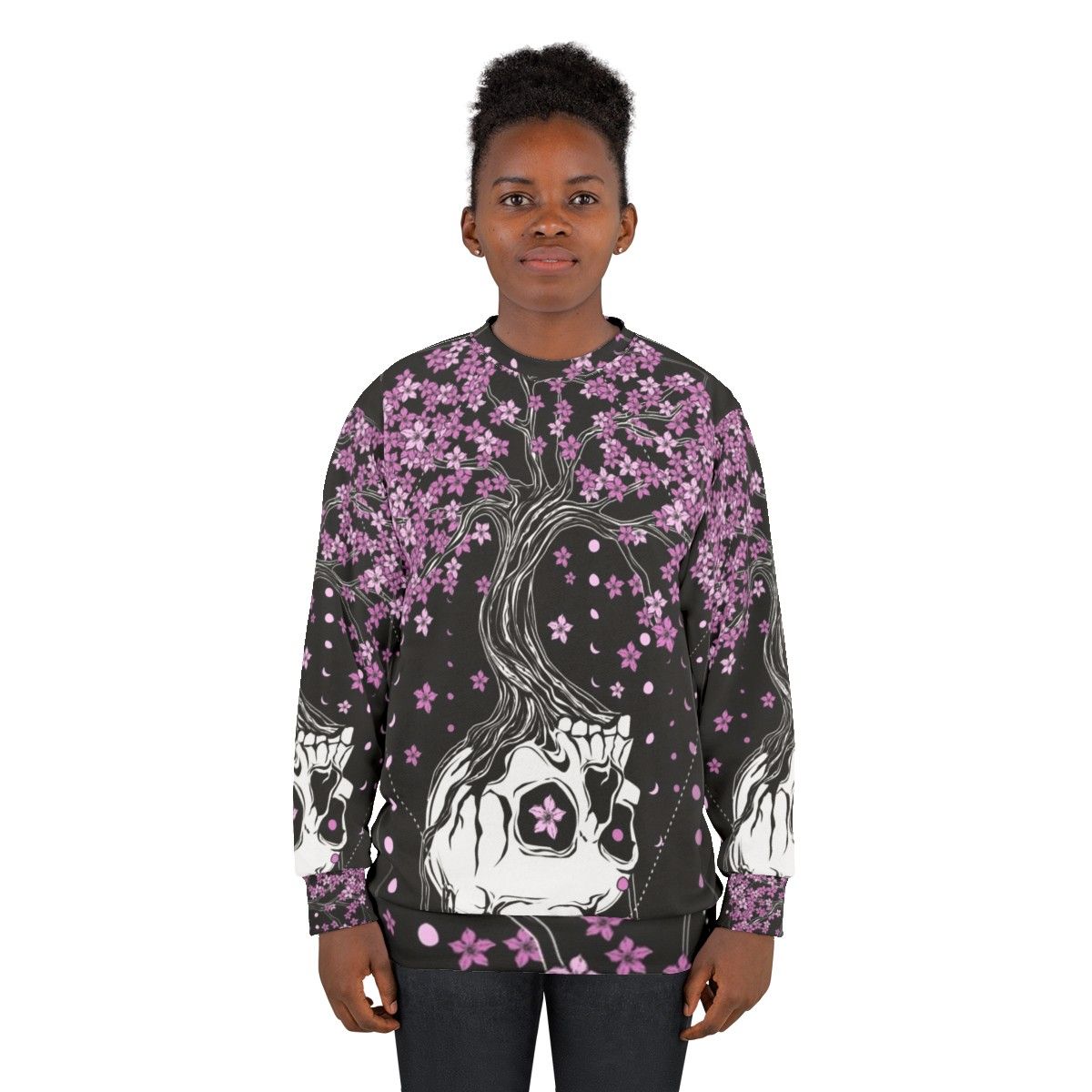 Afterlife Skull Sweatshirt with Cherry Blossom Floral Design - women