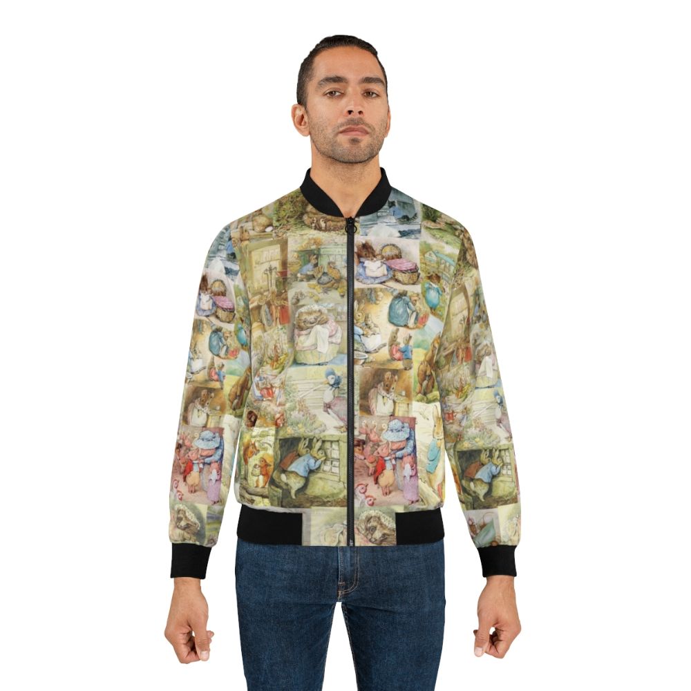 Beatrix Potter inspired collage bomber jacket featuring characters like Peter Rabbit, Cottontail, Flopsy, and Jemima Puddle Duck - Lifestyle