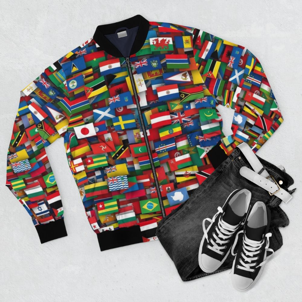 Bomber jacket with flags of all countries of the world - Flat lay