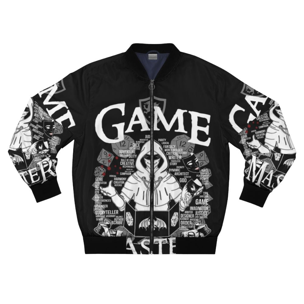 A white bomber jacket with a game master graphic design, perfect for tabletop roleplaying enthusiasts.