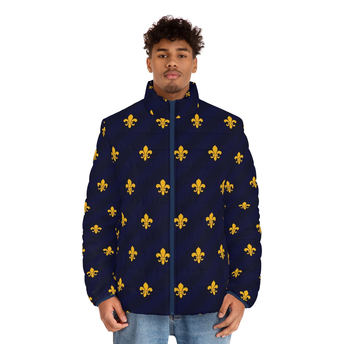 Fleur de Lys Gold and Blue Puffer Jacket, featuring the iconic French flower emblem - men front