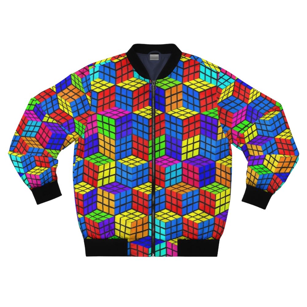 Colorful retro bomber jacket with Rubik's cube and Escher-inspired illusion design