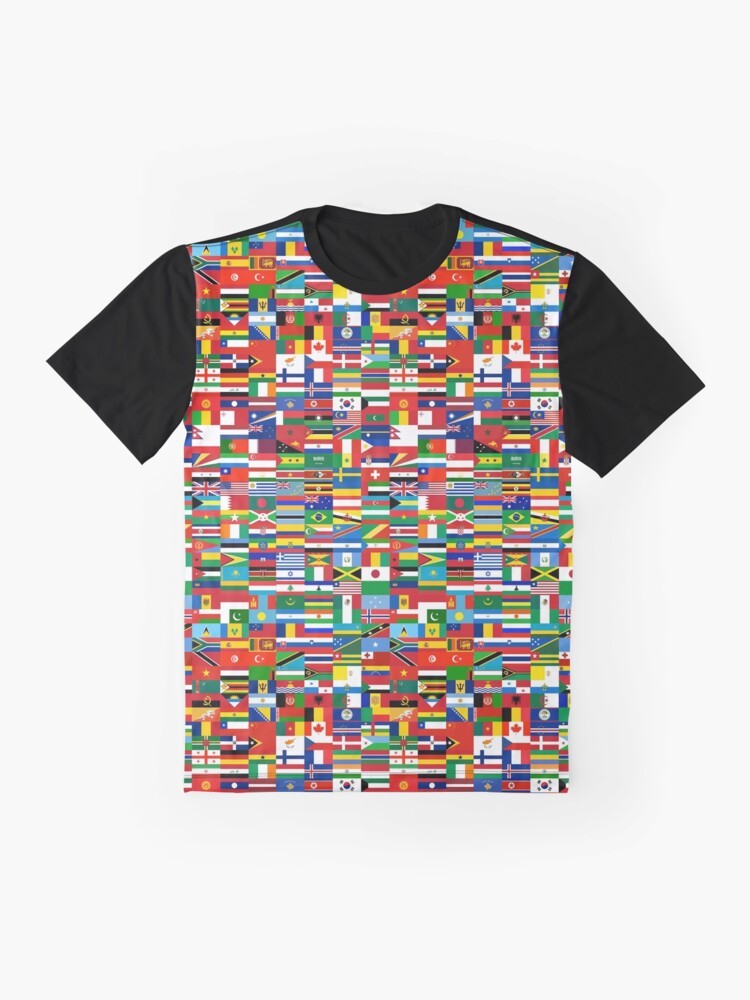 Graphic t-shirt featuring flags of the world - Flat lay