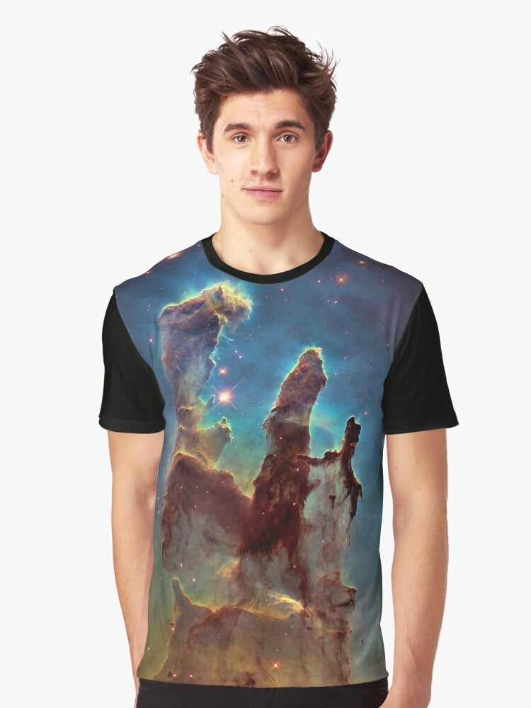 Pillars of Creation graphic t-shirt featuring the famous Hubble Space Telescope image of the Eagle Nebula - Men