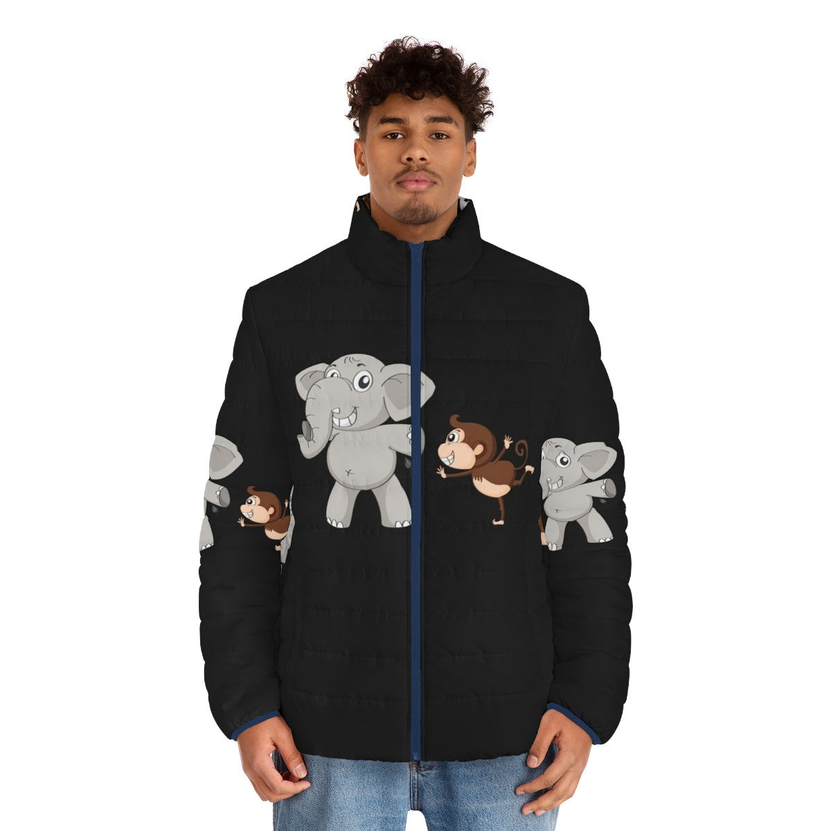 Legendary animals puffer jacket featuring mystic dragons, unicorns, and other fantasy creatures - men front