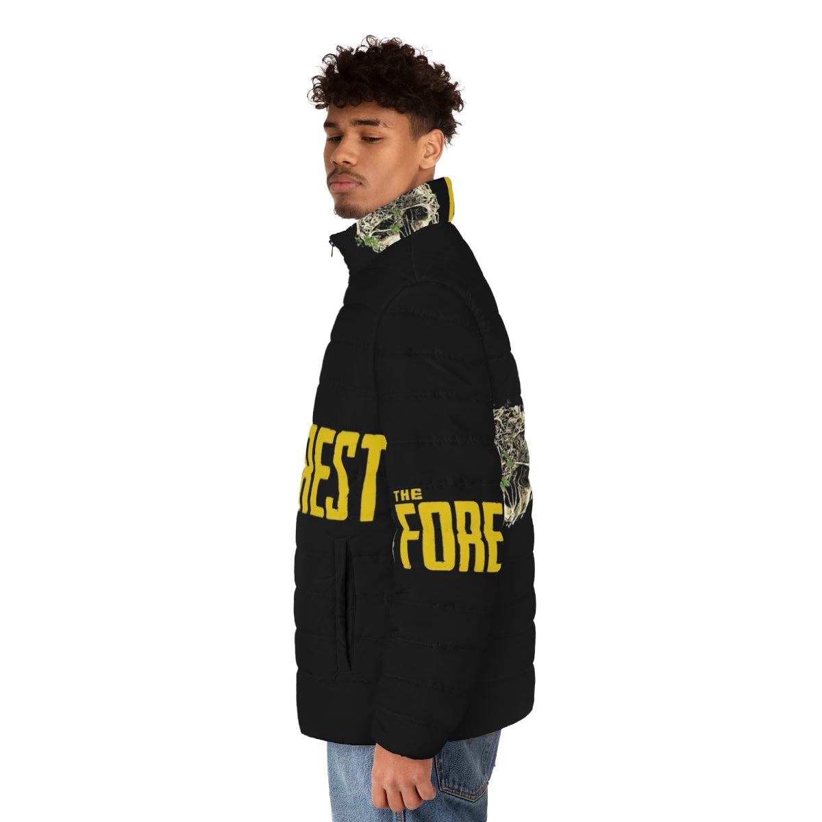 The Forest Game Puffer Jacket featuring a survival-inspired design for gaming fans - men side left