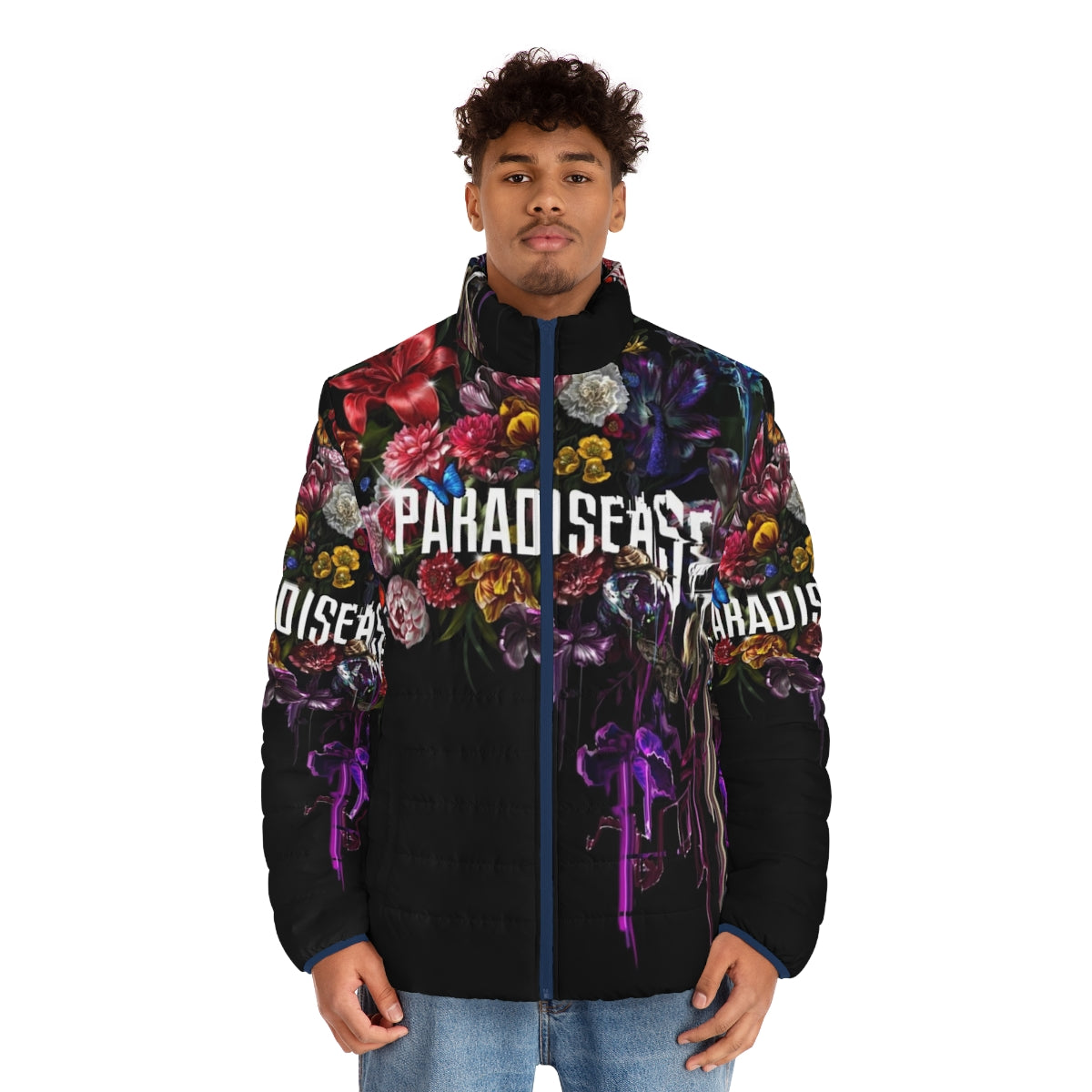 Corrupted Paradise Sci-Fi Puffer Jacket with Glitch and Floral Botanicals - men front