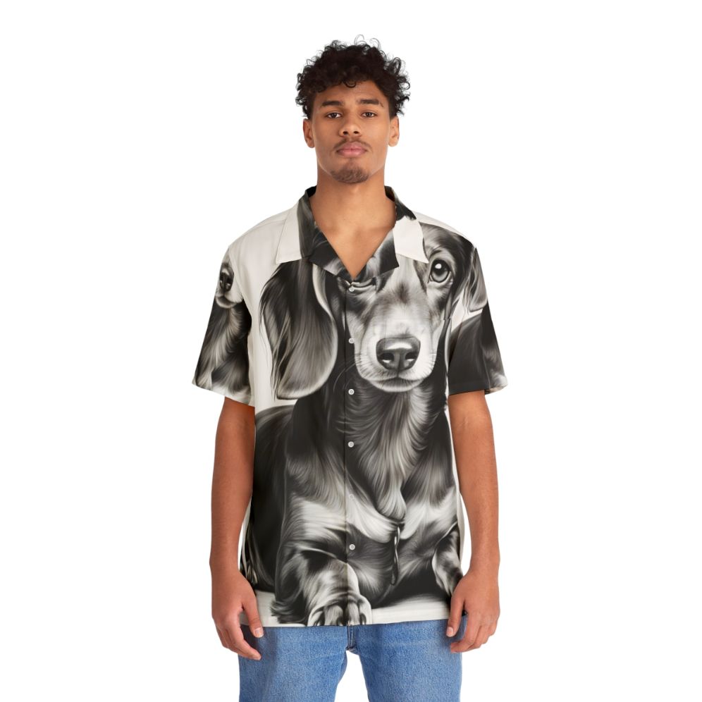 Dachshund dog wearing a Hawaiian shirt with a tropical print - People Front