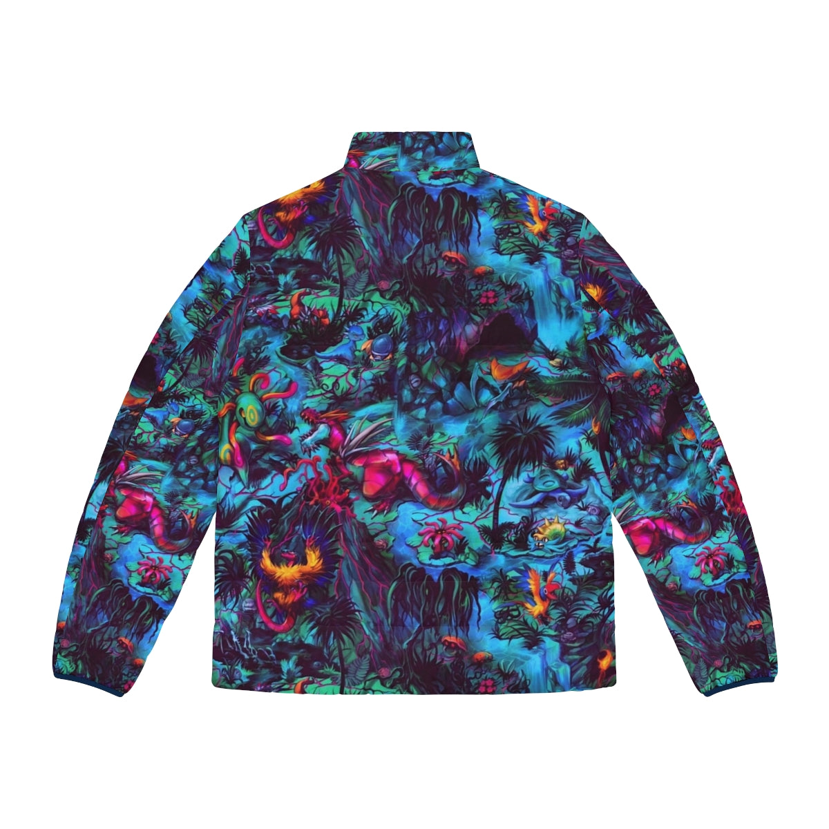 Colorful and vibrant paleo party puffer jacket featuring dinosaur and prehistoric fanart design - Back