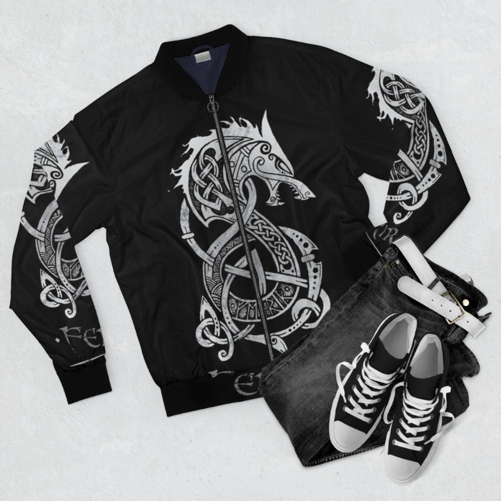 Gray bomber jacket with Norse mythology Fenrir wolf design - Flat lay