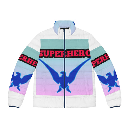 Superhero-themed puffer jacket with eagle design