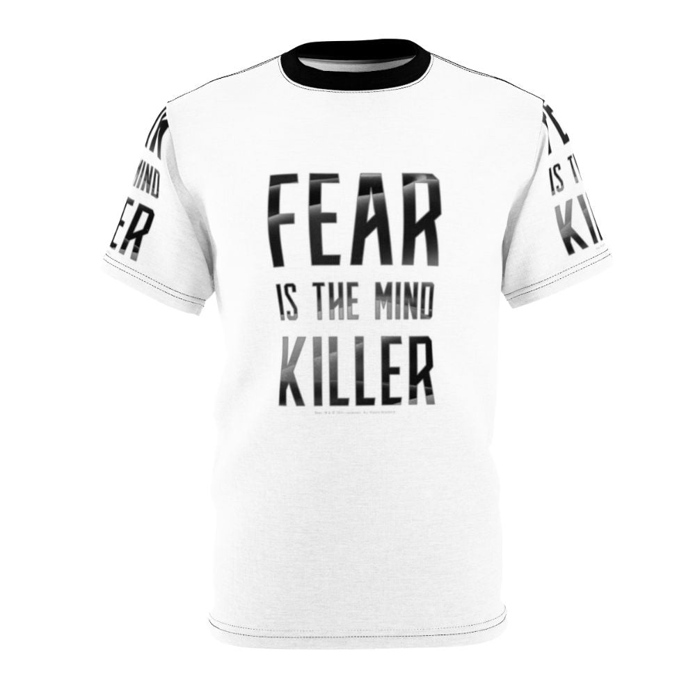 Dark t-shirt featuring the iconic "Fear is the mind-killer" quote from the Dune sci-fi universe.