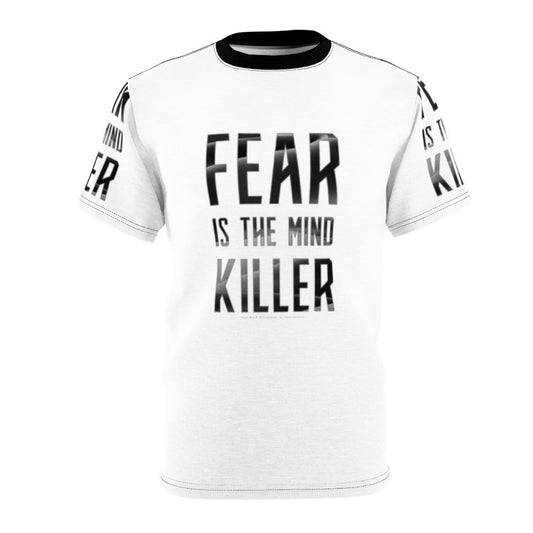 Dark t-shirt featuring the iconic "Fear is the mind-killer" quote from the Dune sci-fi universe.