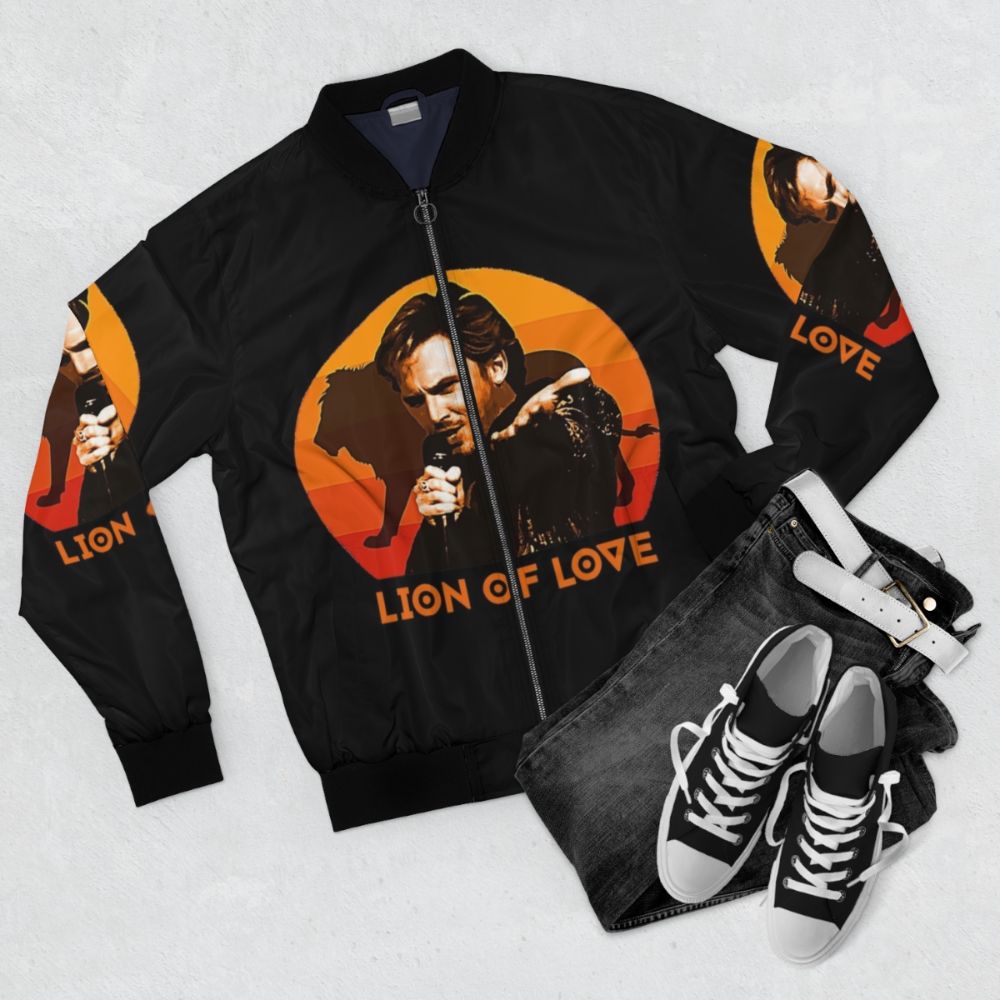 Eurovision Fire Saga Bomber Jacket with Lion of Love Design, featuring Dan Stevens and Will Ferrell characters - Flat lay