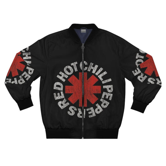 Vintage black bomber jacket with red hot chili peppers and musician inspired graphics