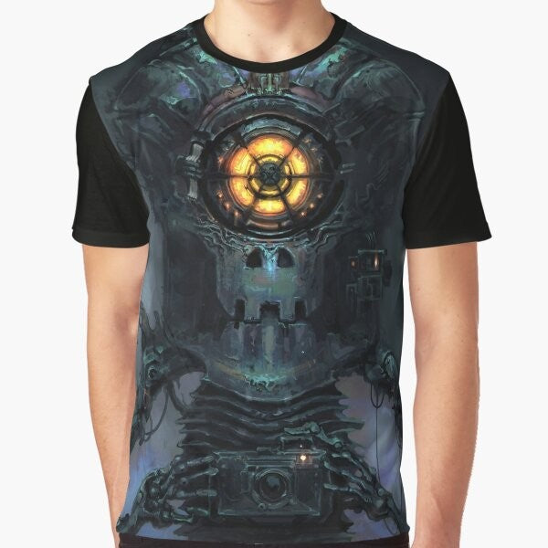 Inscryption graphic t-shirt featuring a Shutterbug design with a robotic, cyclops-like character and sci-fi elements.