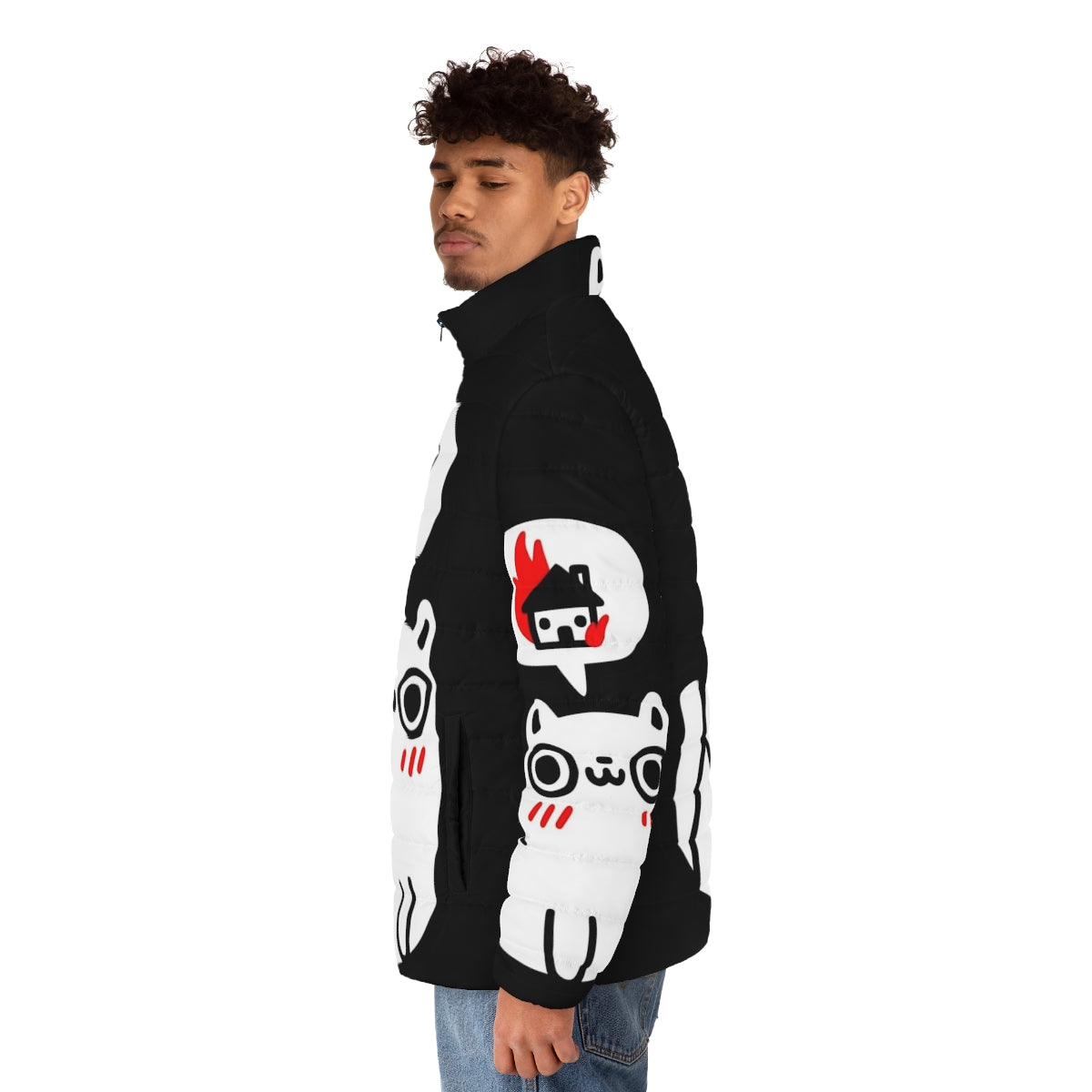 Puffer jacket with a playful cat design - men side left