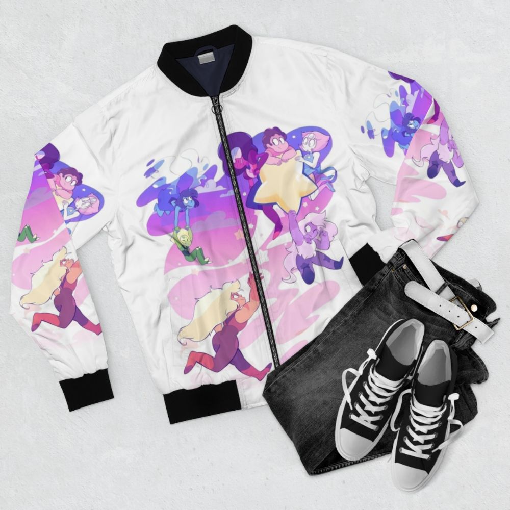 Steven Universe Crystal Gems Bomber Jacket featuring popular characters from the Cartoon Network series - Flat lay