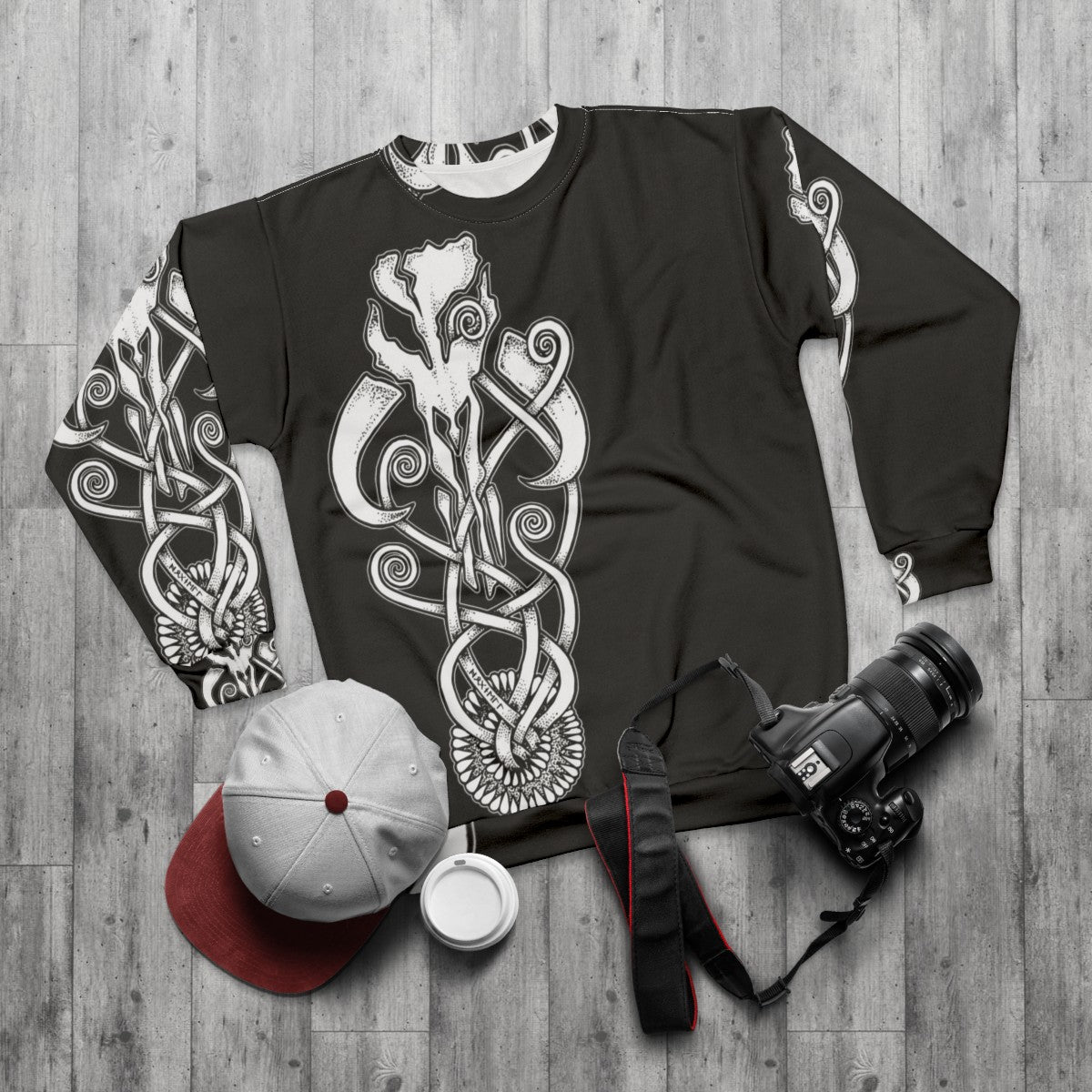 Mandalorian Sarlacc Knot Sweatshirt with Boba Fett Inspired Graphics - flat lay