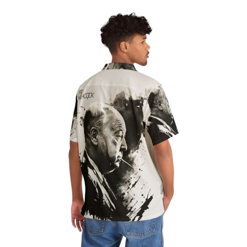 Alfred Hitchcock Drawing Black and White Hawaiian Shirt - Flat lay