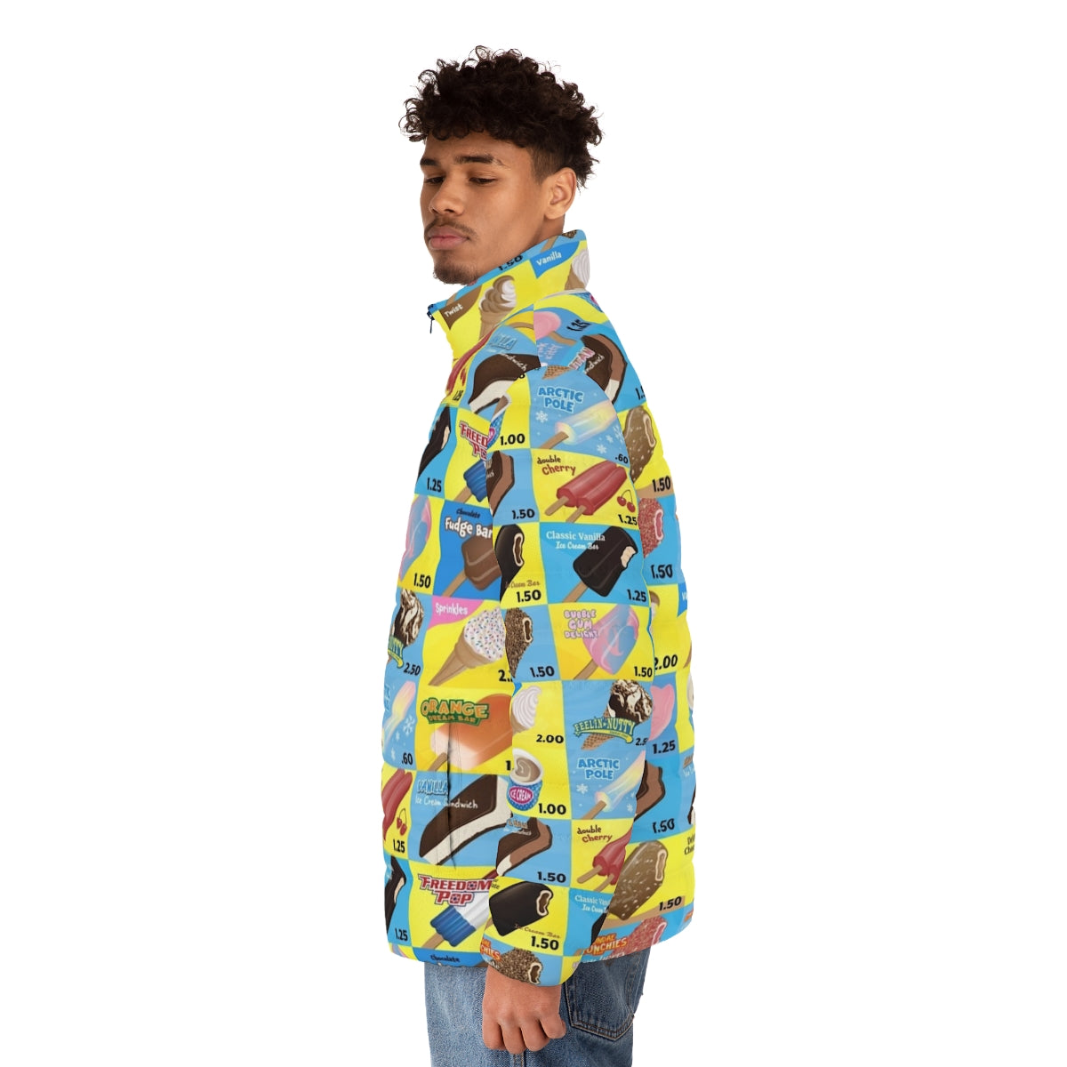 Puffer jacket featuring a vintage ice cream truck menu design with cones, sandwiches, and sprinkles - men side left