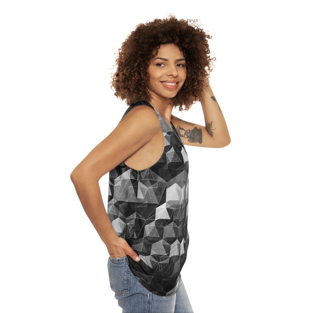 Monochrome geometric unisex tank top with abstract curtain falls design - women side