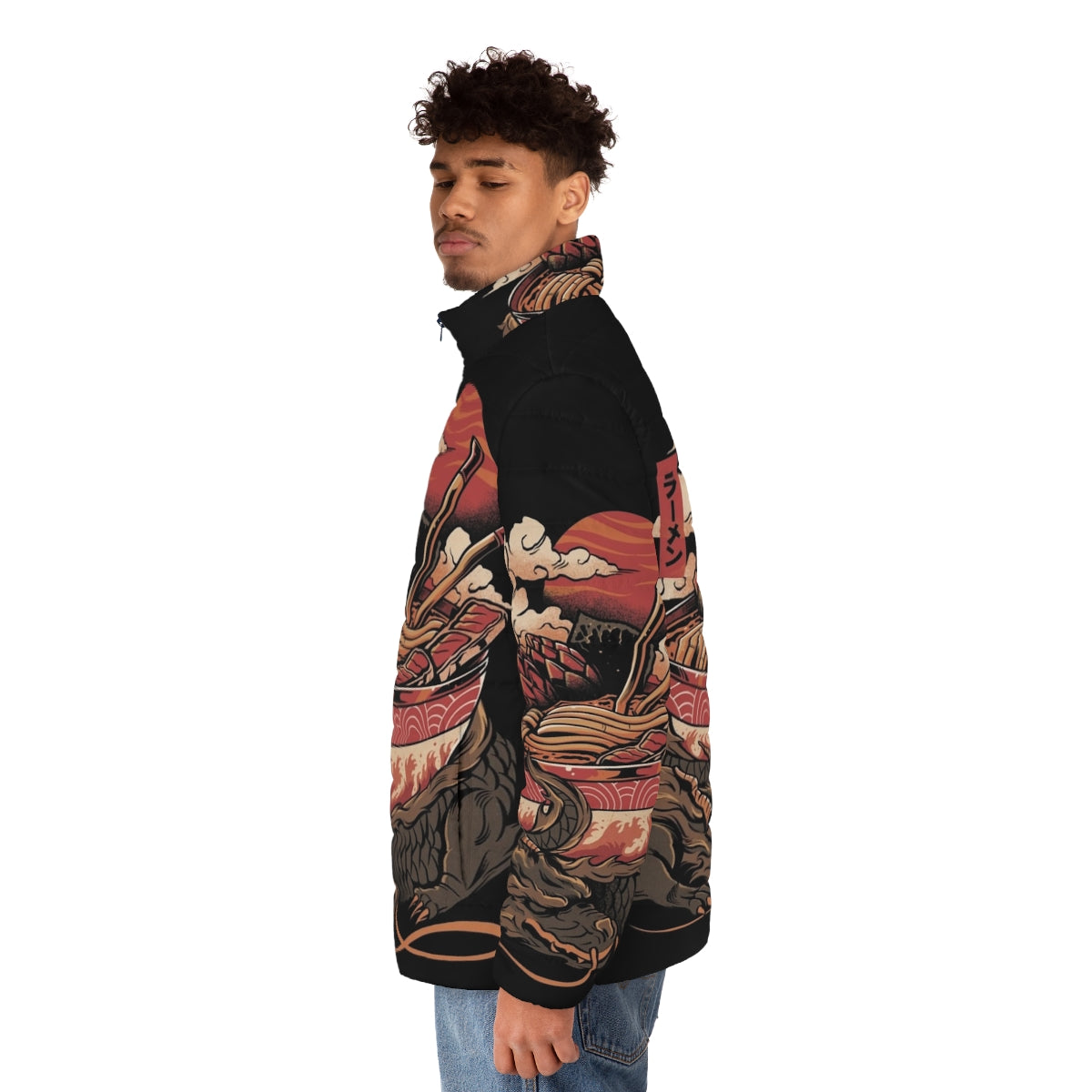 Model wearing a puffer jacket with a dragon and ramen bowl design, focus keyword: dragon ramen puffer jacket - men side left