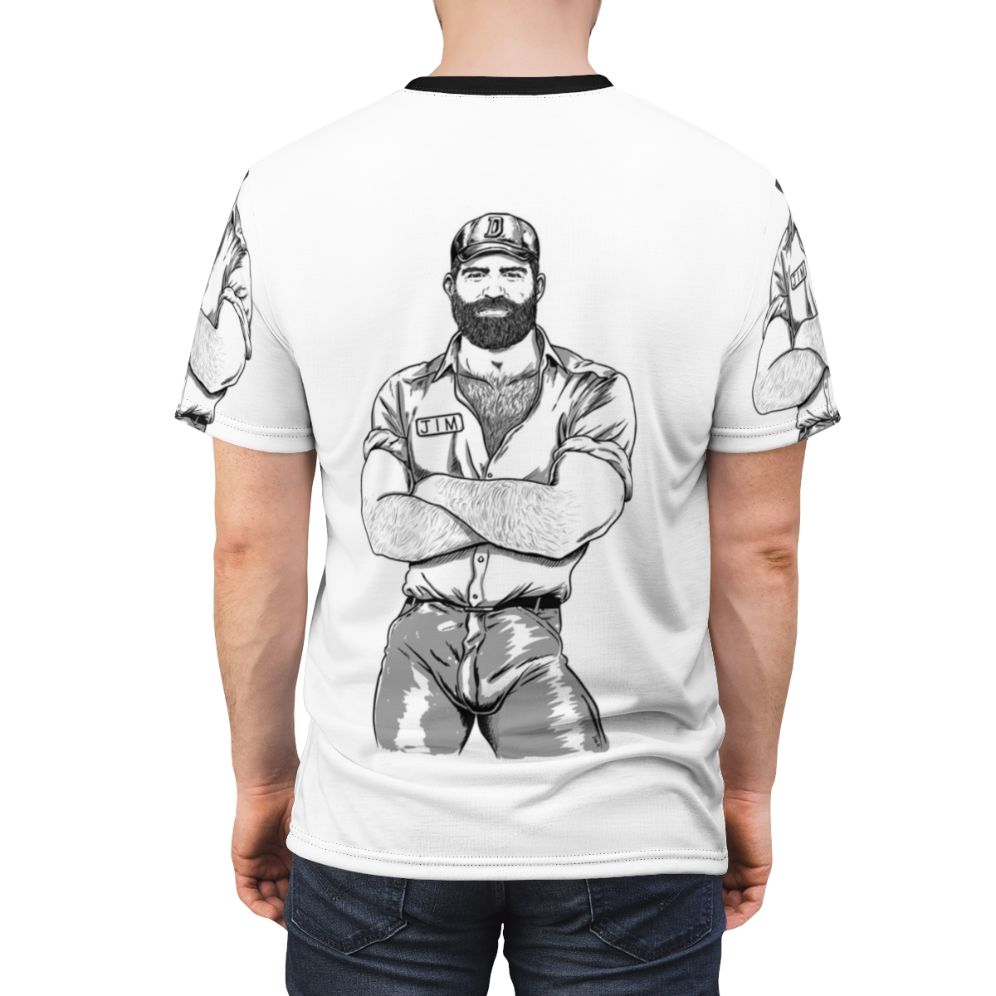 Homoerotic bear art t-shirt featuring a bearded, hairy man in a queer, vintage-inspired design - men back