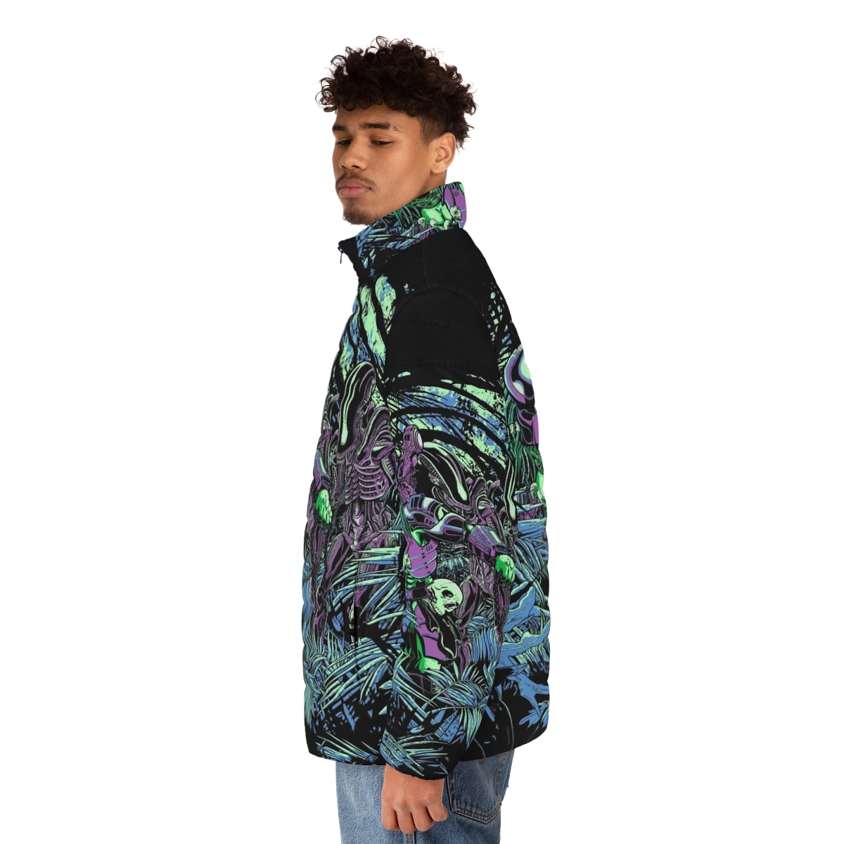 Neon puffer jacket with alien vs predator inspired sci-fi jungle design - men side left