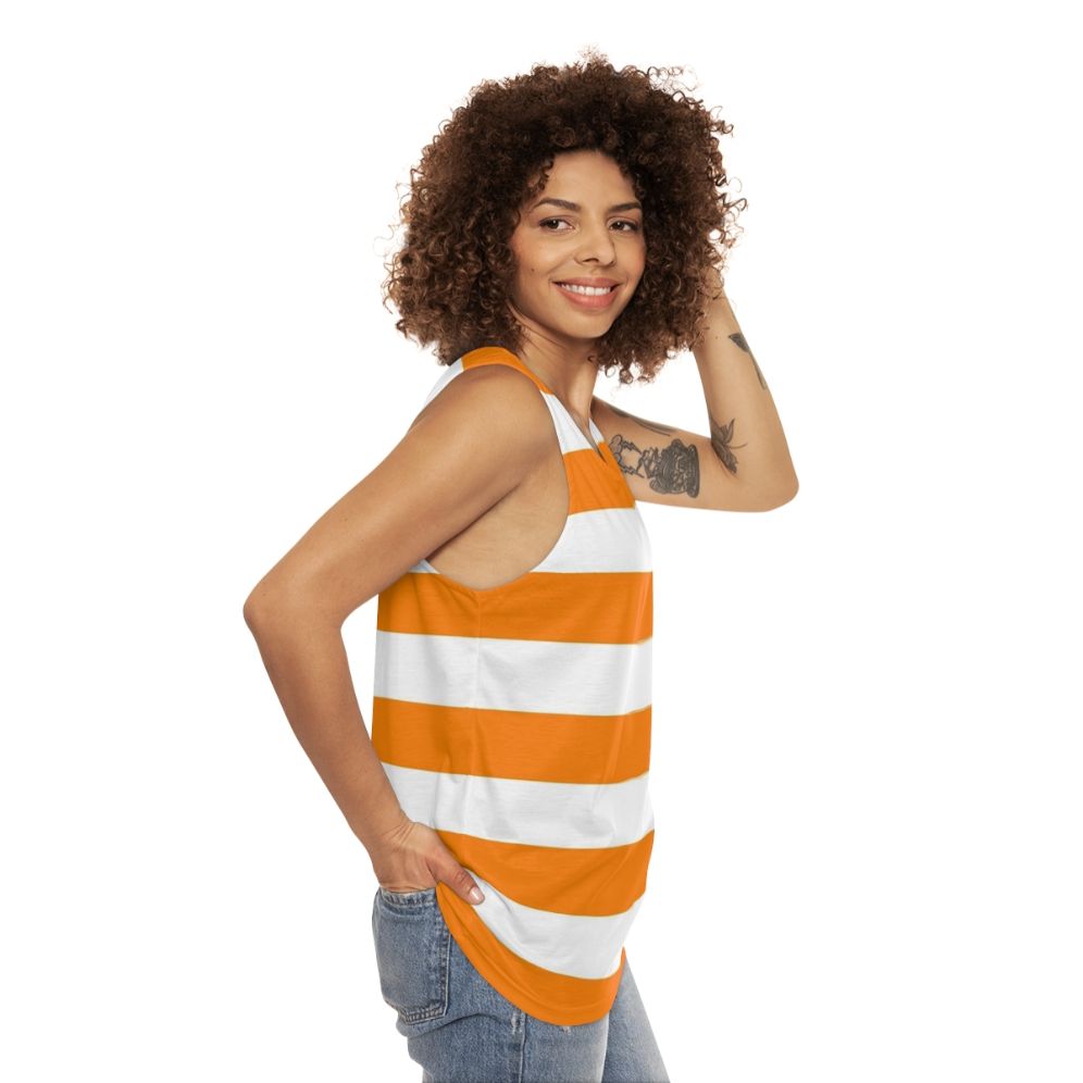 Orange and white horizontal striped unisex tank top - women side