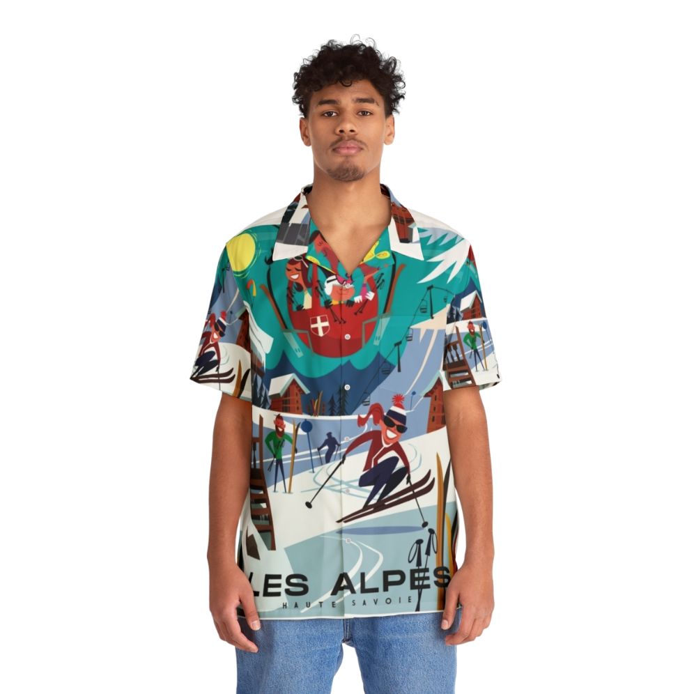 Les Alpes ski poster Hawaiian shirt featuring mountain and winter sports design - People Front